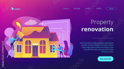 Workers with paintbrush and wrench improving the house. House renovation, property renovation, house remodeling and onstruction services concept. Website vibrant violet landing web page template.