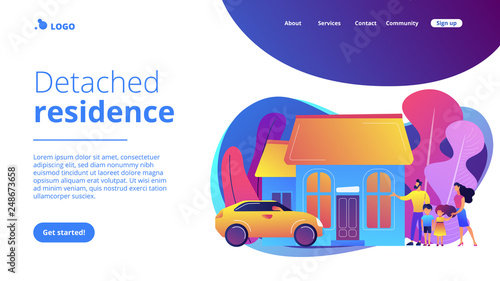 Happy parents with children and detached house. Single-family detached home, family house, detached residence and single dwelling unit concept. Website vibrant violet landing web page template.