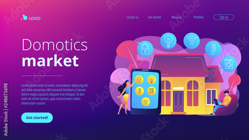 Business people controlling smart house devices with tablet and laptop. Smart home devices, home automation system, domotics market concept. Website vibrant violet landing web page template.