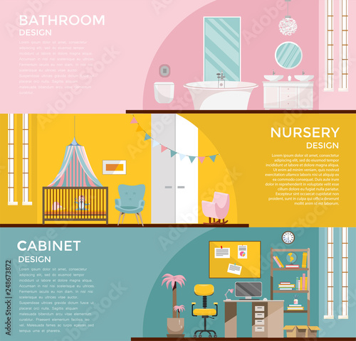 Set of colorful graphic room interiors:bathroom with toilet nursery with canopy, cupboard, home office with desk, Workplace Cabinet Room.3 Banners with home furniture. Flat cartoon vector illustration