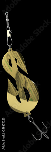 A gold spoon-lure in the form of a dollar symbol with a reflection of a dollar bill. 3D renderillustration. Isolated on black. photo