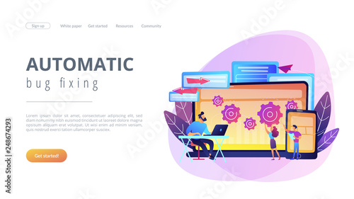 Tester and developer work with laptop and tablet. Cross platform bug founding, bug identification and testing team concept on white background. Website vibrant violet landing web page template.