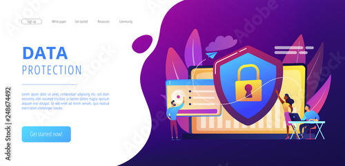 Security analysts protect internet-connected systems with shield. Cyber security  data protection  cyberattacks concept on white background. Website vibrant violet landing web page template.