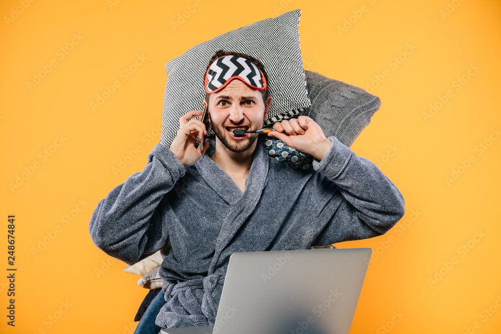Good morning. Morning concept. Handsome male. Man after sleeping. Morning of a new day, alarm clock waking up man stretch the muscles, health concept - Image Good morning. Morning concept. Handsome male. Man after sleeping. Morning of a new day, alarm clock waking up man stretch the muscles, health concept - Image