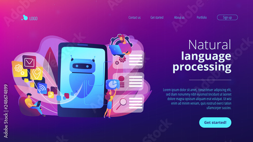 Programmers and chatbot processing natural language. Natural language processing, chatbot natural language, natural language scince concept. Website vibrant violet landing web page template.