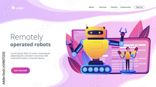 Engineer controlling big robot with remote technology. Remotely operated robots, robot control system, manipulation robotic system concept. Website vibrant violet landing web page template.