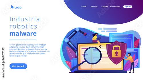 Developers, robot work at laptop with magnifier. Industrial cybersecurity, industrial robotics malware, safeguarding of industrial robotics concept. Website vibrant violet landing web page template.