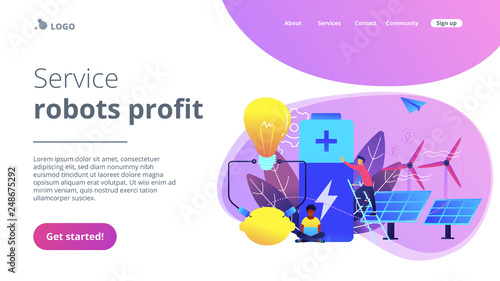 Scientists with lemon charging, solar pannels, wind turbines. Innovative battery technology, new battery creation, battery science project concept. Website vibrant violet landing web page template.