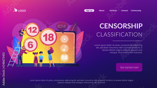 Adults rating content for children with age restriction signs. Content rating system, age limitation content, censorship classification concept. Website vibrant violet landing web page template.
