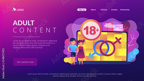 Children at laptop with adult content restriction for inappropriate video. Adult content, sexual content notification, 18 age restriction concept. Website vibrant violet landing web page template.
