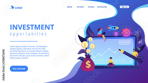 Investment managers with laptops offer better returns and risk management. Investment fund, investment opportunities, hedge fund leverage concept. Website vibrant violet landing web page template.