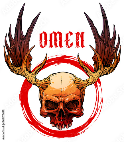 Detailed graphic realistic horrible colorful human skull with big moose horns or antlers. Isolated on white background with red circle. Vector icon.