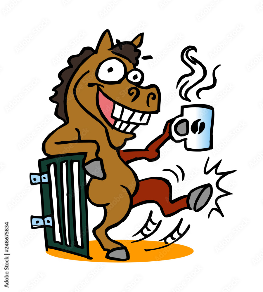 Crazy horse drinks coffee in the horse stable cartoon joke Stock Vector |  Adobe Stock