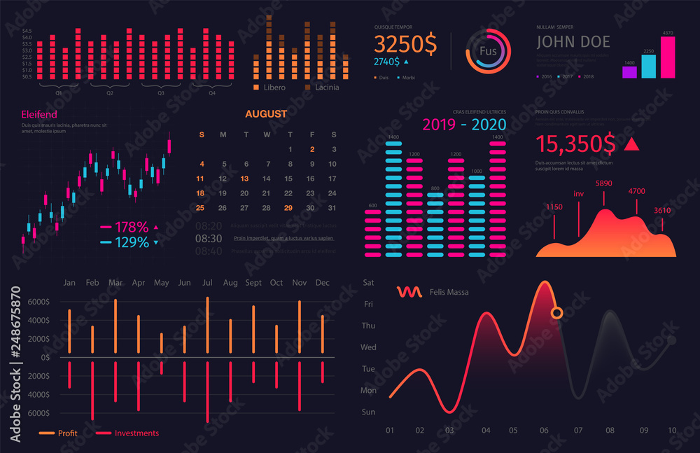 Infographic dashboard template. Data screen with colorful graphs, charts and HUD elements, financial statistics and analytics. Intelligent technology interface