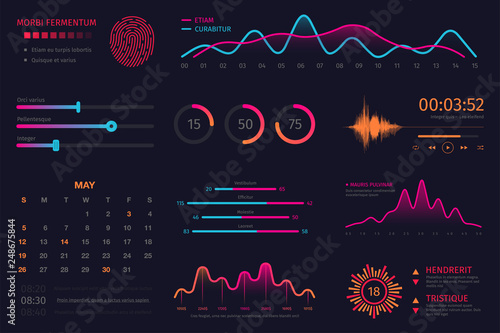 Infographic dashboard template. Data screen with colorful graphs, charts and HUD elements, statistics and analytics. Intelligent technology interface