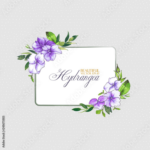 Floral vector background with hydrangea for wedding invitation, greeting template in violet and lilac colors. Frame with beautiful flowers, composition of hydrangea and leaves.