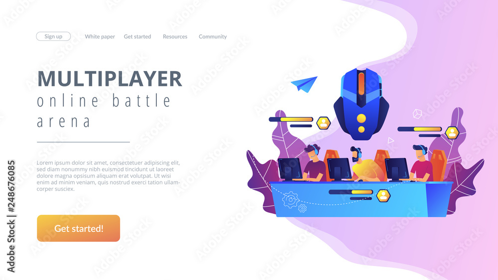 Team of gamers controlling game characrers in online battle. Multiplayer online battle arena, MOBA ARTS game, action real-time strategy concept. Website vibrant violet landing web page template.