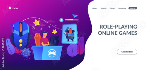 Gamer plays role-playing game online and hero avatar in fantasy world. MMORPG, massive multiplayer game, role-playing online games concept. Website vibrant violet landing web page template.