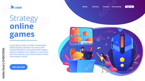Gamer at computer using tactics to play online strategy game. Strategy online games, real-time strategy, multiplayer strategic warfare concept. Website vibrant violet landing web page template.