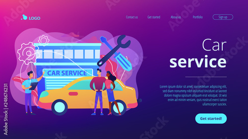 Auto mechanic and business people at car service having their car repaired. Car service, automobile repair shop, vehicle repair service concept. Website vibrant violet landing web page template.