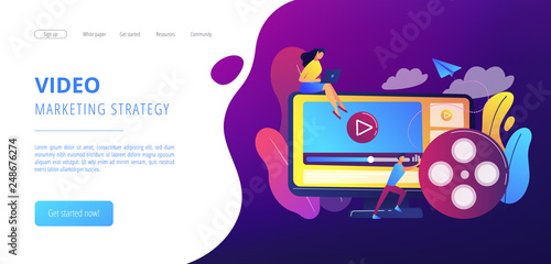 Marketing strategist with laptop working with video content. Video content marketing  video marketing strategy  digital marketing tool concept. Website vibrant violet landing web page template.