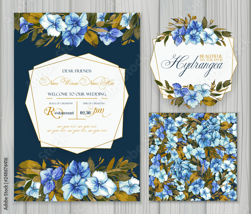 Set of vector templates for greetings or invitations to the wedding and one seamless pattern with blue hydrangea. Invitation card, frame and floral elements for creative own design.