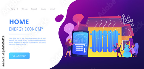 Businesswoman controlling smart home heating with smartphone in winter. Heating system, home heating technologies, home energy economy concept. Website vibrant violet landing web page template.