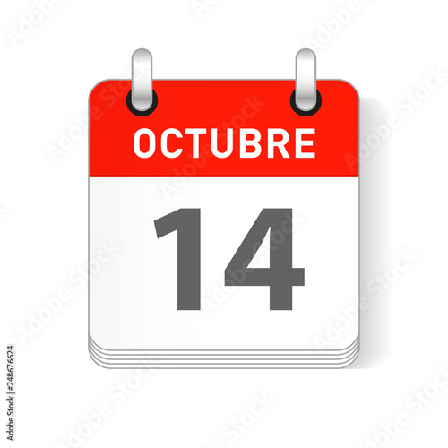 Octuber 14, October 14 date visible on a page a day organizer calendar in spanish Language