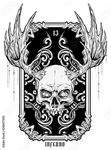 Detailed graphic realistic horrible black and white human skull with big moose horns or antlers. Isolated on white background with hunting trophy frame. Vector icon.