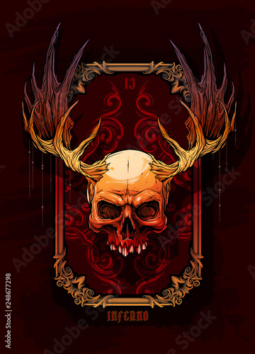 Detailed graphic realistic horrible colorful human skull with big moose horns or antlers. On dark background with hunting trophy frame. Vector icon.