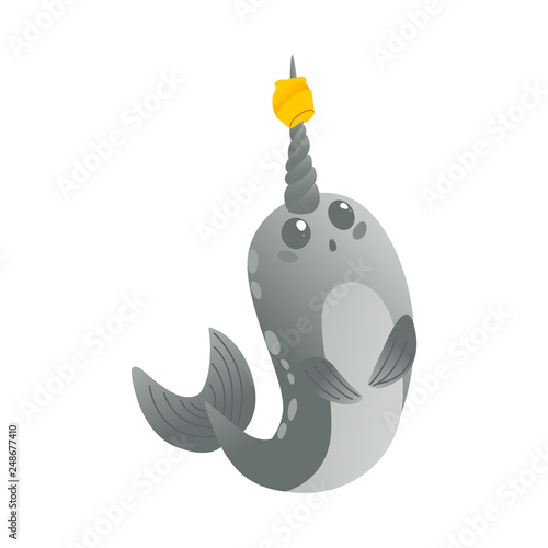 Vector cute narwhal character with horn flat icon