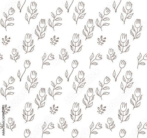 Seamless pattern of hand drawn blooming tulips. A simple modern background for romantic design line-art flowers.