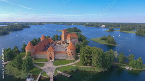 Aerial view of Trakai Castle at sunset, Lithuania