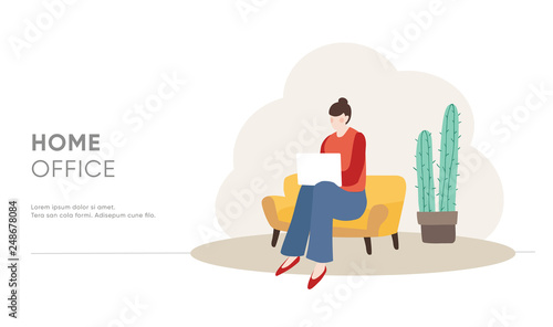 Young woman sitting on sofa and working on laptop at home. Home office concept. Female freelancer, entrepreneur. Modern business vector illustration, flat design with cactus plant. Web template.