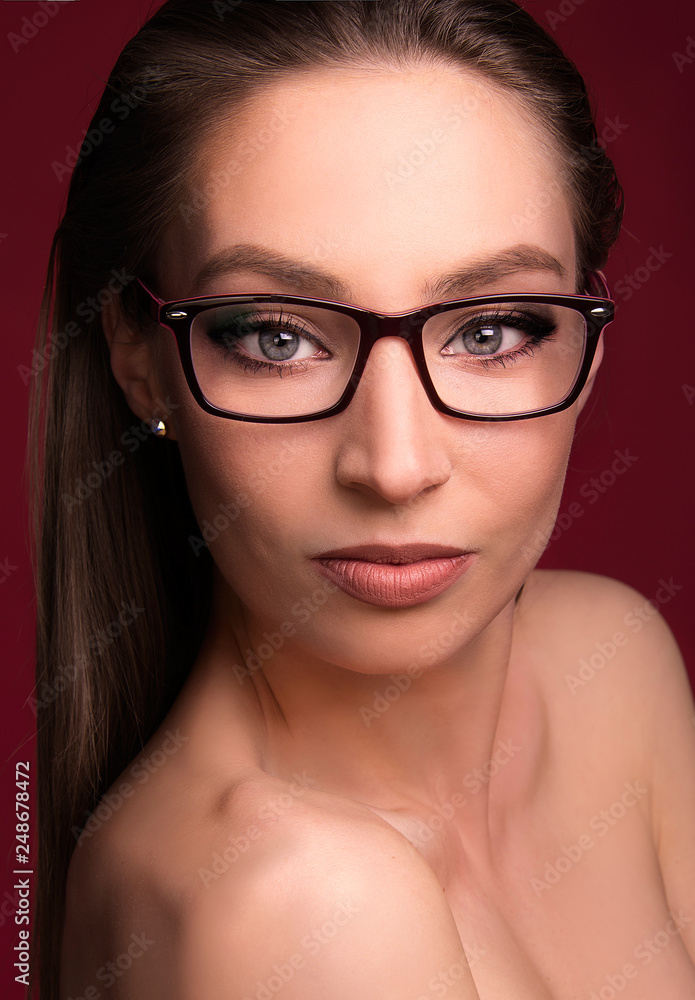 beautiful portrait girl model with eyeglasses red frame beauty shoot blue eyes beautiful portrait girl model with eyeglasses red frame beauty shoot blue eyes