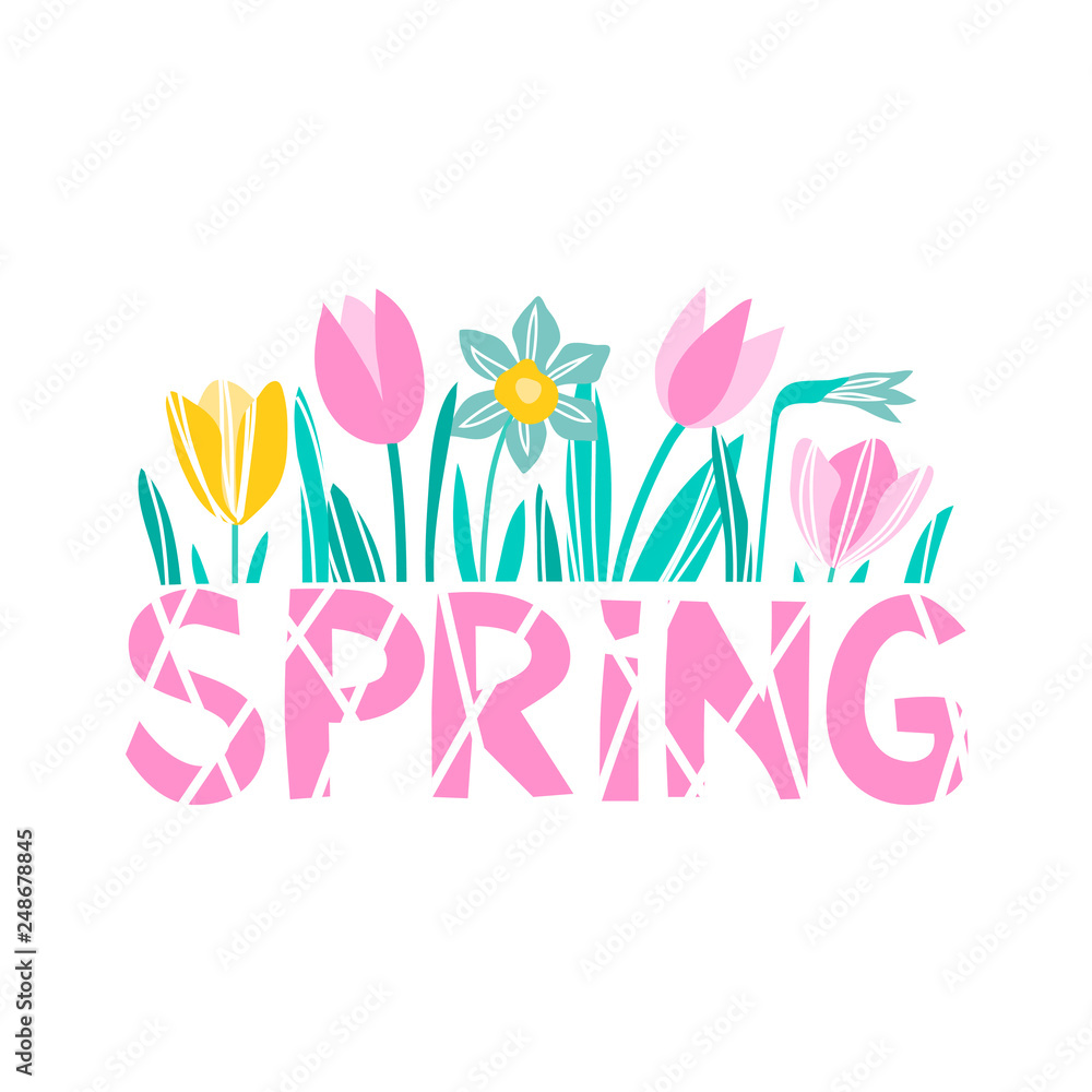 vector lettering word spring cute funny childish tulip crocus simple on white