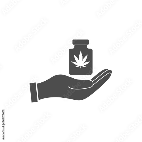 Cannabis, marijuana leaf in hand icon. Vector illustration, flat design.