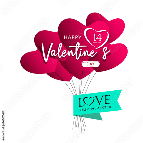 Balloons red heart valentines day design on pink background, vector illustration