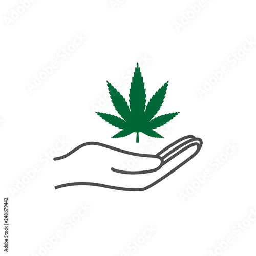 Cannabis, marijuana leaf in hand icon. Vector illustration, flat design.