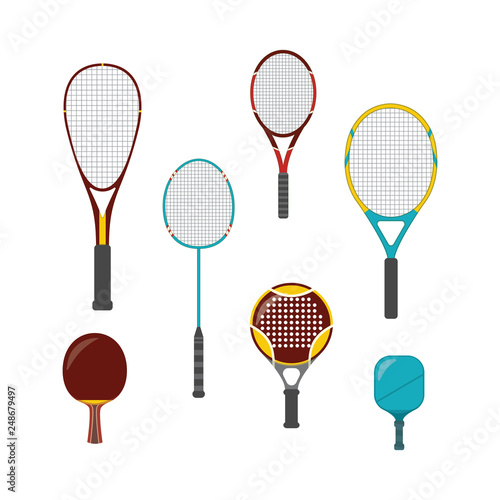 Set of sport game equipment - rackets for badminton, table and big, beach and platform tennis