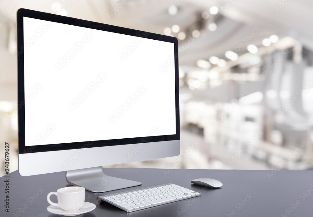 Computer Keyboard and mouse with desk on the table, Workspace with blank screen coffee Computer Keyboard and mouse with desk on the table, Workspace with blank screen coffee