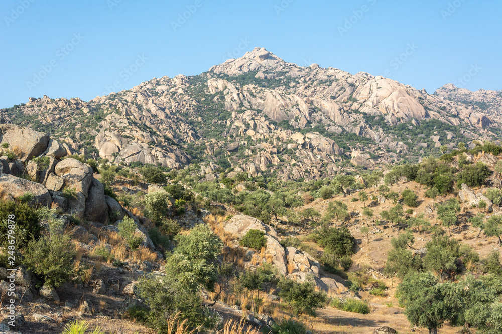 Rocky landscape and Besbarmak mountain near Lake Bafa in Turkey.