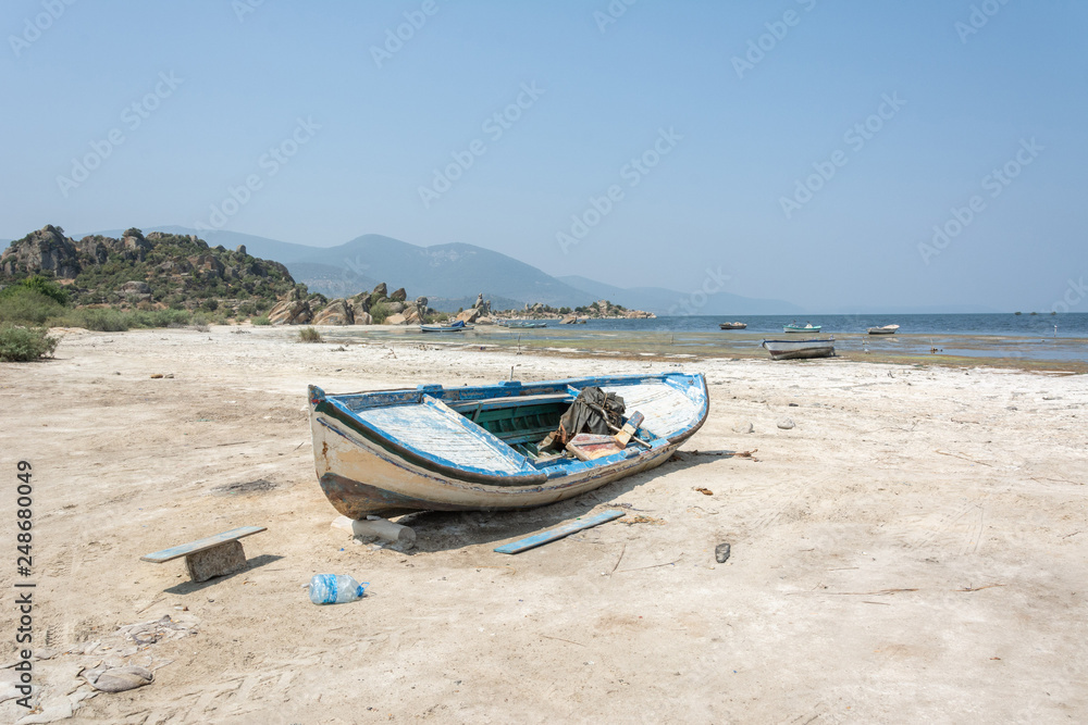 Fishing boat on the shore of Lake Bafa in Turkey.