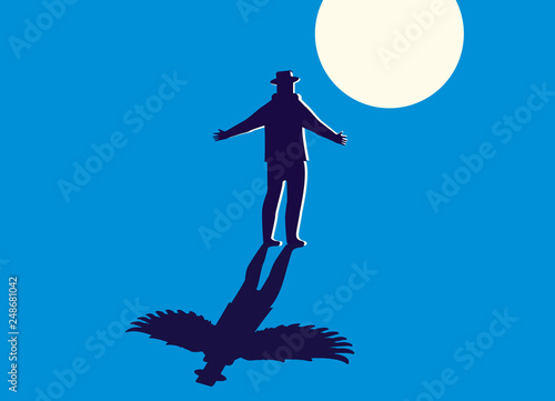 Conceptual vector illustration of a man standing by the light of the moon with the shadow of an angel with wings. Seeking a soul or praying or meditating