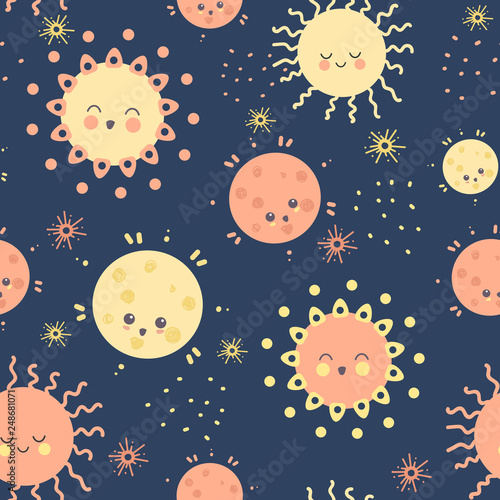 Draw seamless pattern, set background with sky, sun, sunshine, sunlight, shine, emotion, star and many details. Can use for printing, website, presentation element, textile. Vector illustration.