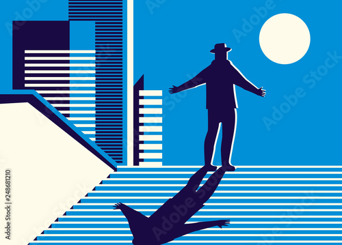 Vector illustration of a man standing by the light of the moon at night and spread his arms to the sides against the background of the night city