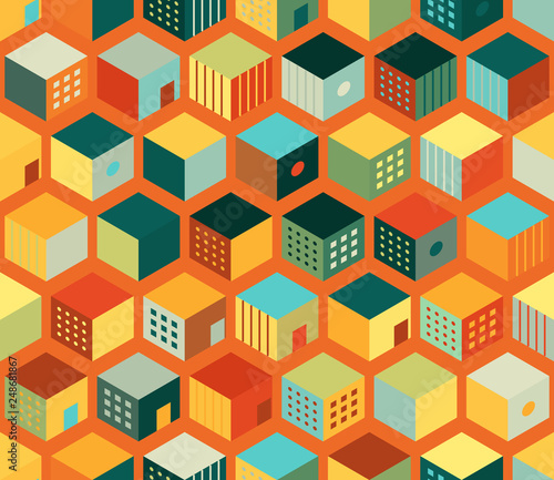 Multicolor cubes. Isometric boxes. Seamless geometric pattern. Hexagons background.