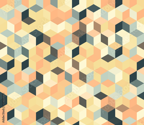 Isometric cubes. Multicolor seamless pattern. Hexagons background.