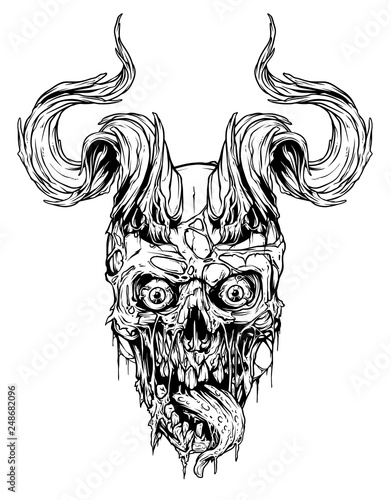 Detailed graphic realistic horrible black and white human skull with big sharp bull horns or antlers. Isolated on white background. Vector icon.