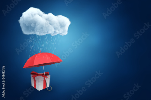3d rendering of red gift box under red umbrella with a cloud and rain drops above on blue background